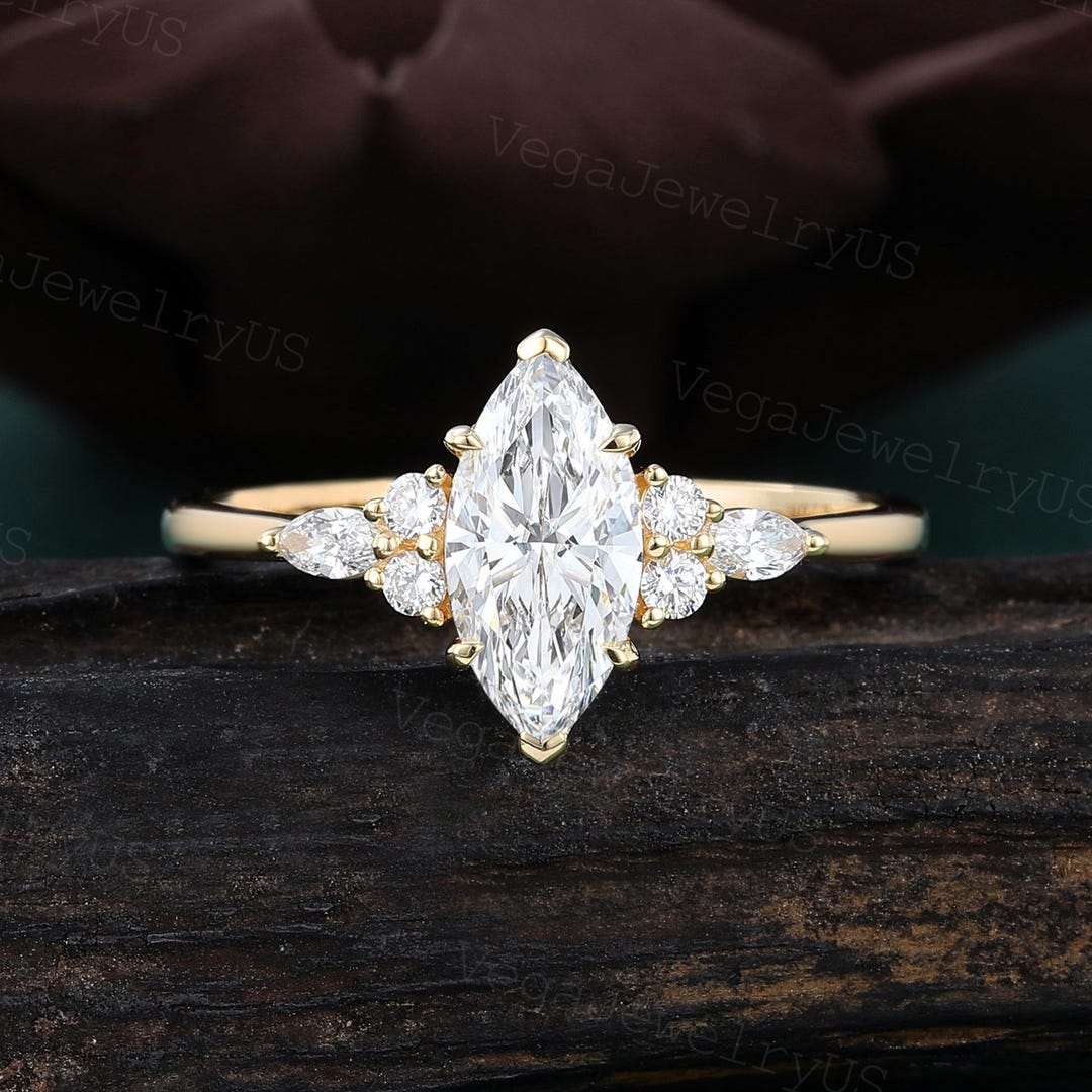 1CT Marquise Cut Lab Grown Diamond Engagement Ring Unique Yellow Gold ...
