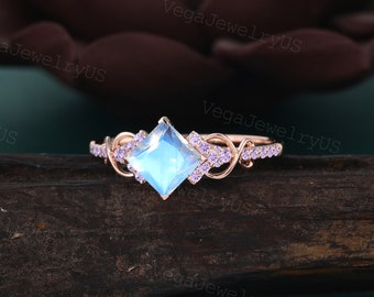 Princess Cut Moonstone Engagement Ring Unique Rose Gold Amethyst