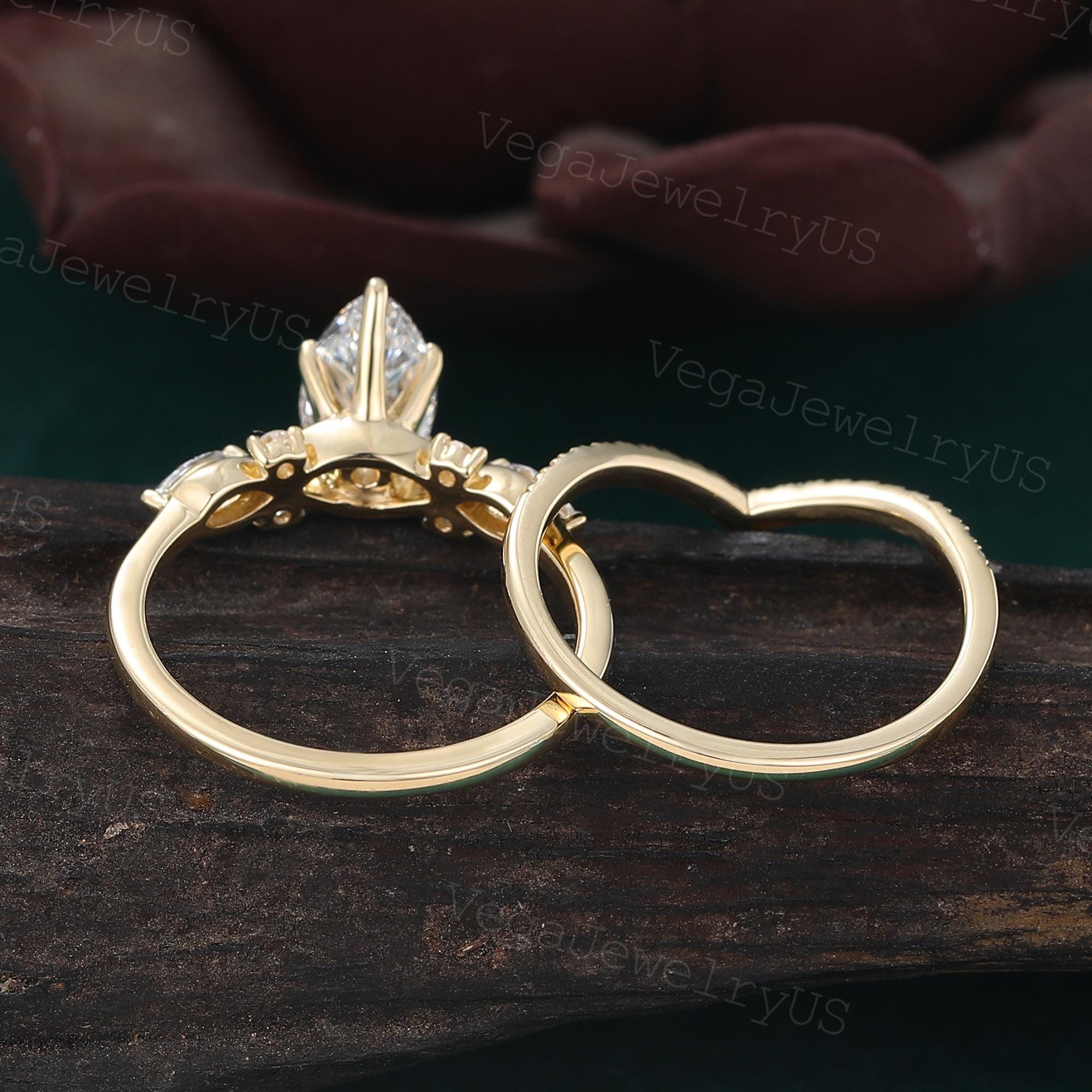 Marquise Cut Lab Grown Diamond Engagement Ring Set Unique Yellow Gold ...