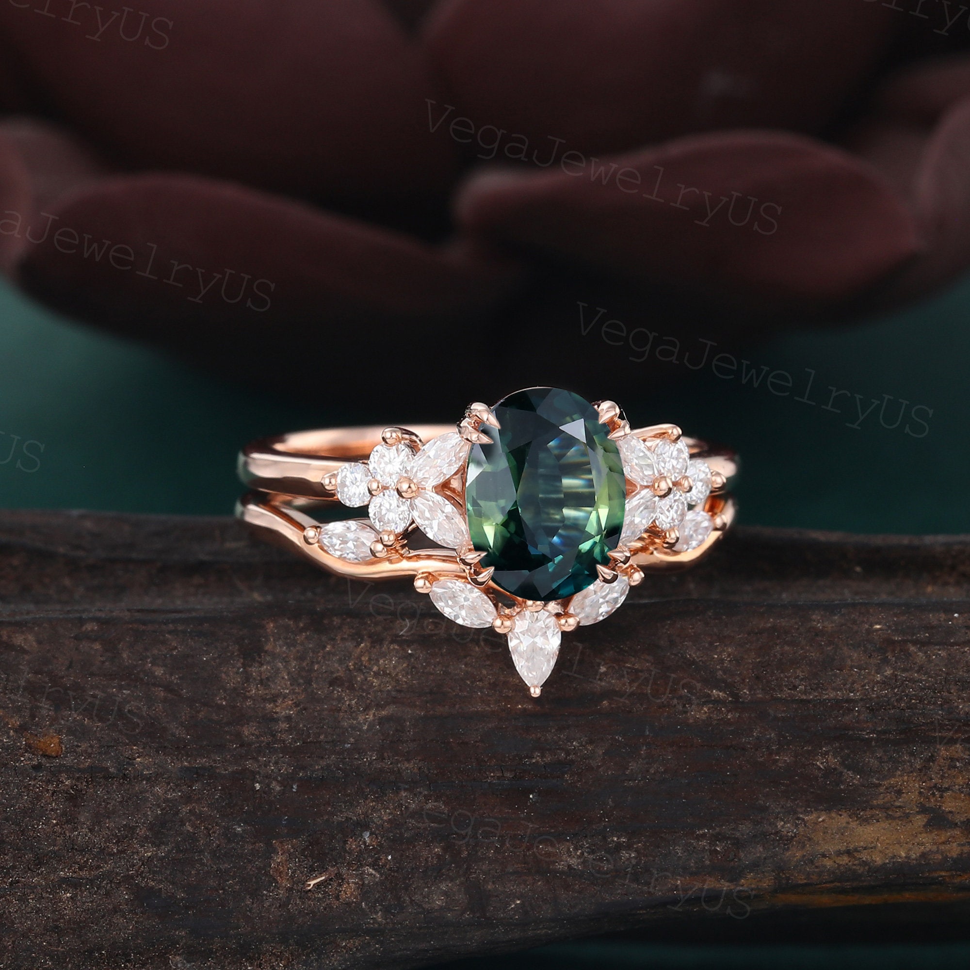 オーバルグリーンブルーサファイアリングセットヴィンテージローズ