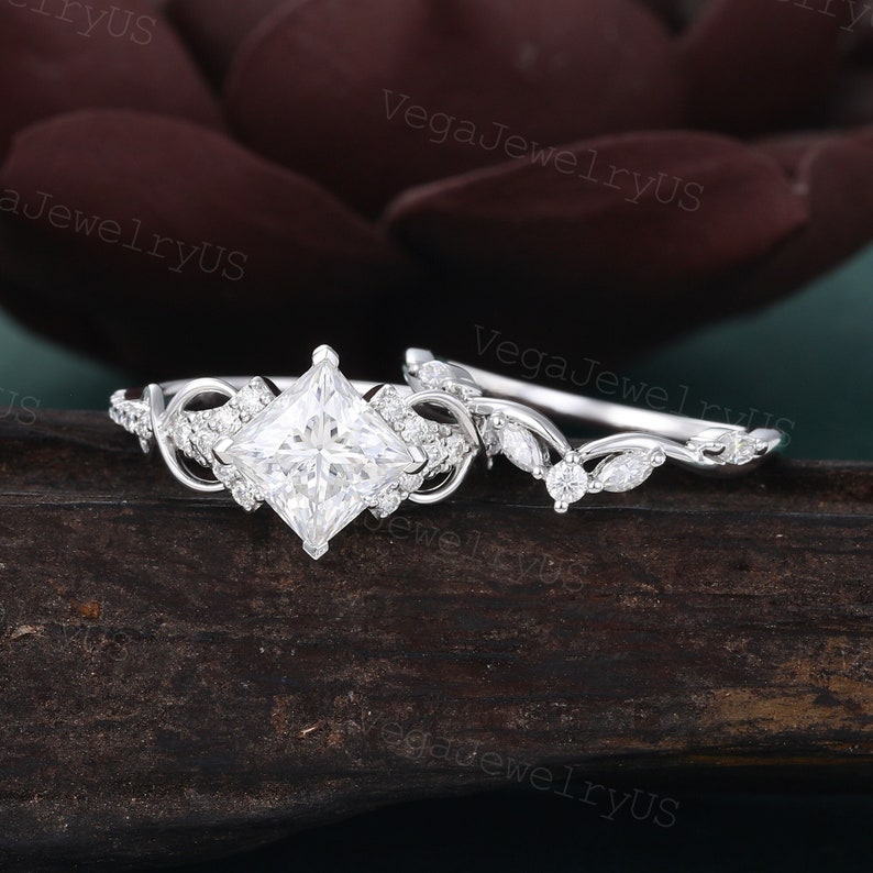 Princess cut moissanite ring set Unique white gold engagement ring set Dainty diamond bridal set Twist promise ring Antique marriage ring image 1