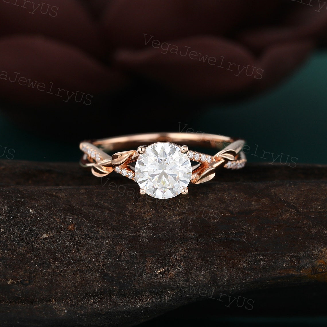 Vintage Moissanite engagement ring Unique rose gold engagement image 1