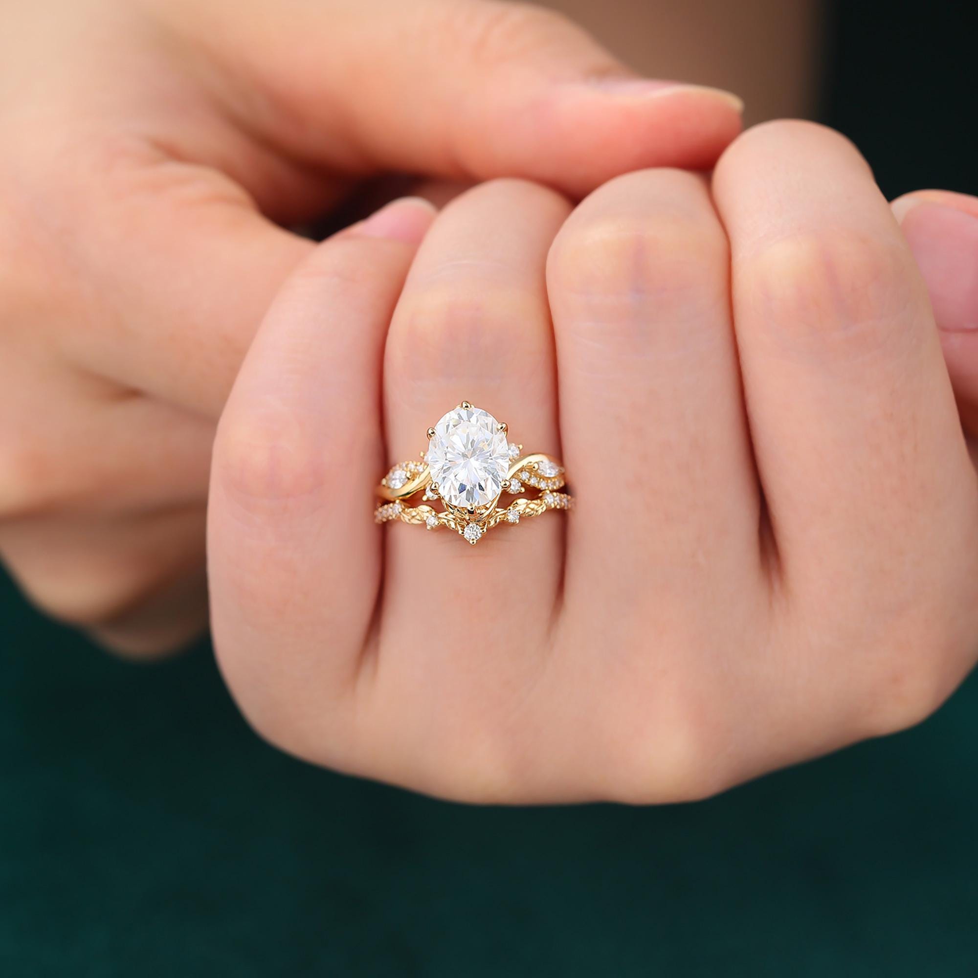 Oval Cut Moissanite Engagement Ring Set Unique Yellow Gold Infinity ...