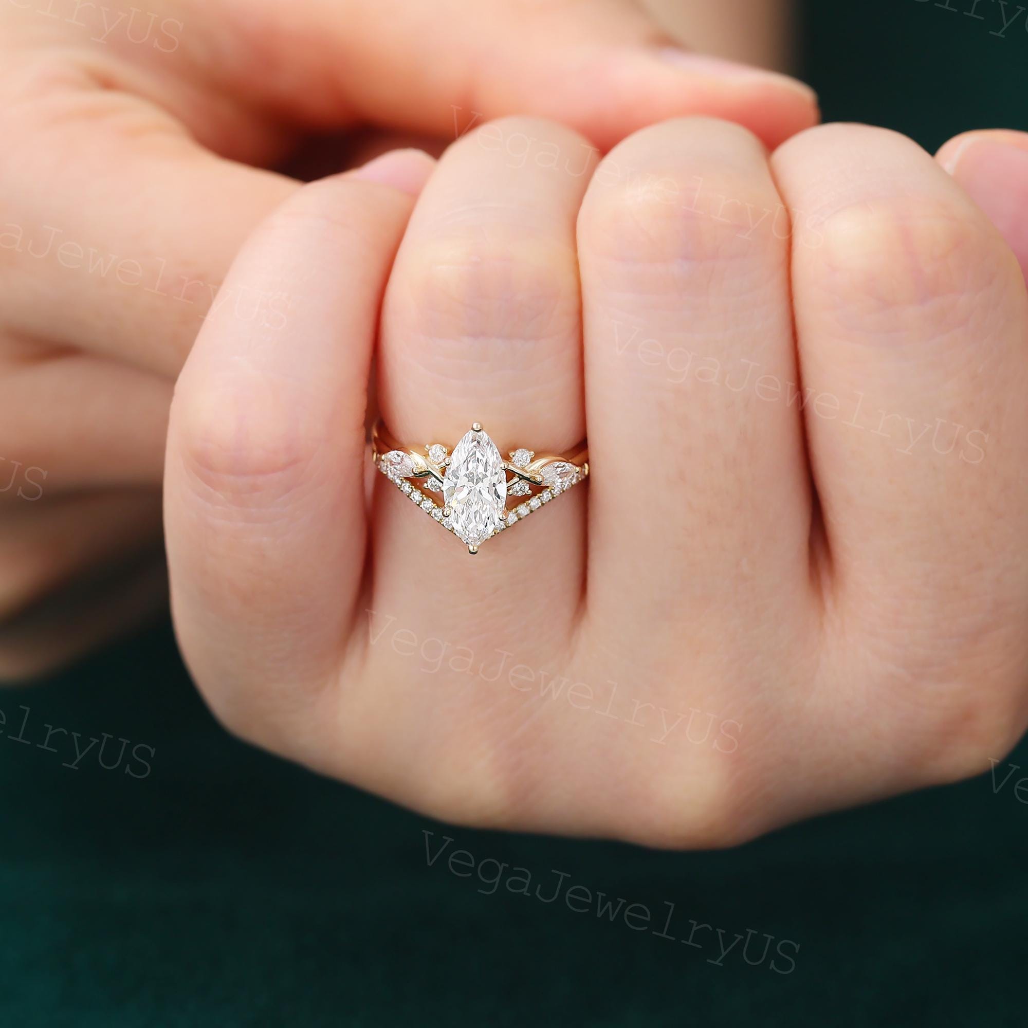 Marquise Cut Lab Grown Diamond Engagement Ring Set Unique Yellow Gold ...