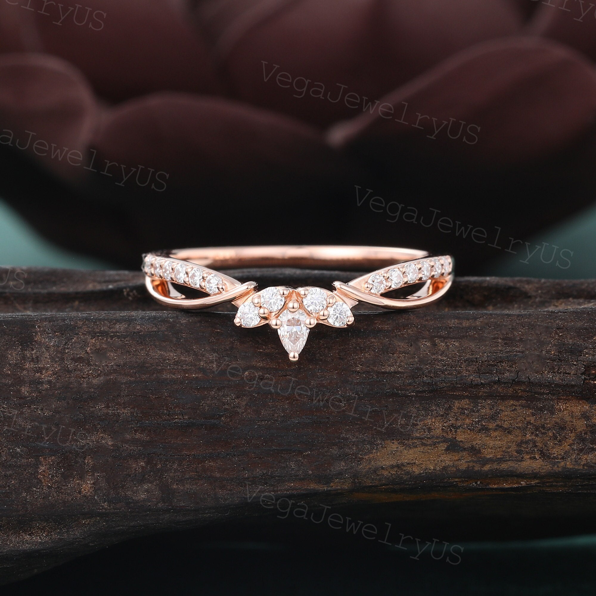 Vintage Curved Wedding Band Unique Rose Gold Moissanite Ring Art Deco ...