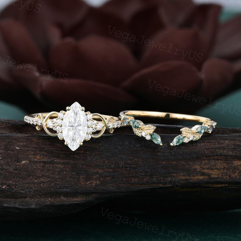 Marquise Cut Moissanite Engagement Ring Set Unique Yellow Gold Art Deco ...