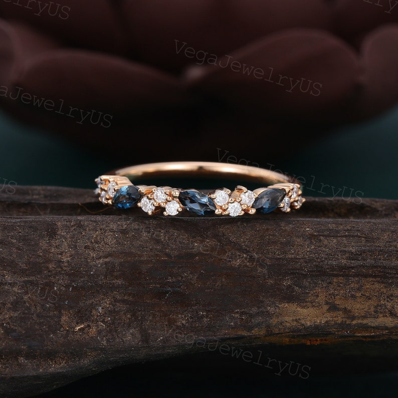 Marquise London Blue Topaz wedding band Vintage Rose gold Moissanite wedding shops ring Matching Stackable ring dainty bridal ring promise gift