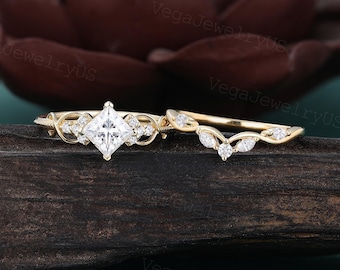 Princess cut moissanite ring Engagement set Unique Yellow gold Twist Marquise Cut Wedding Ring Set Milgrain Moissanite bridal Ring set