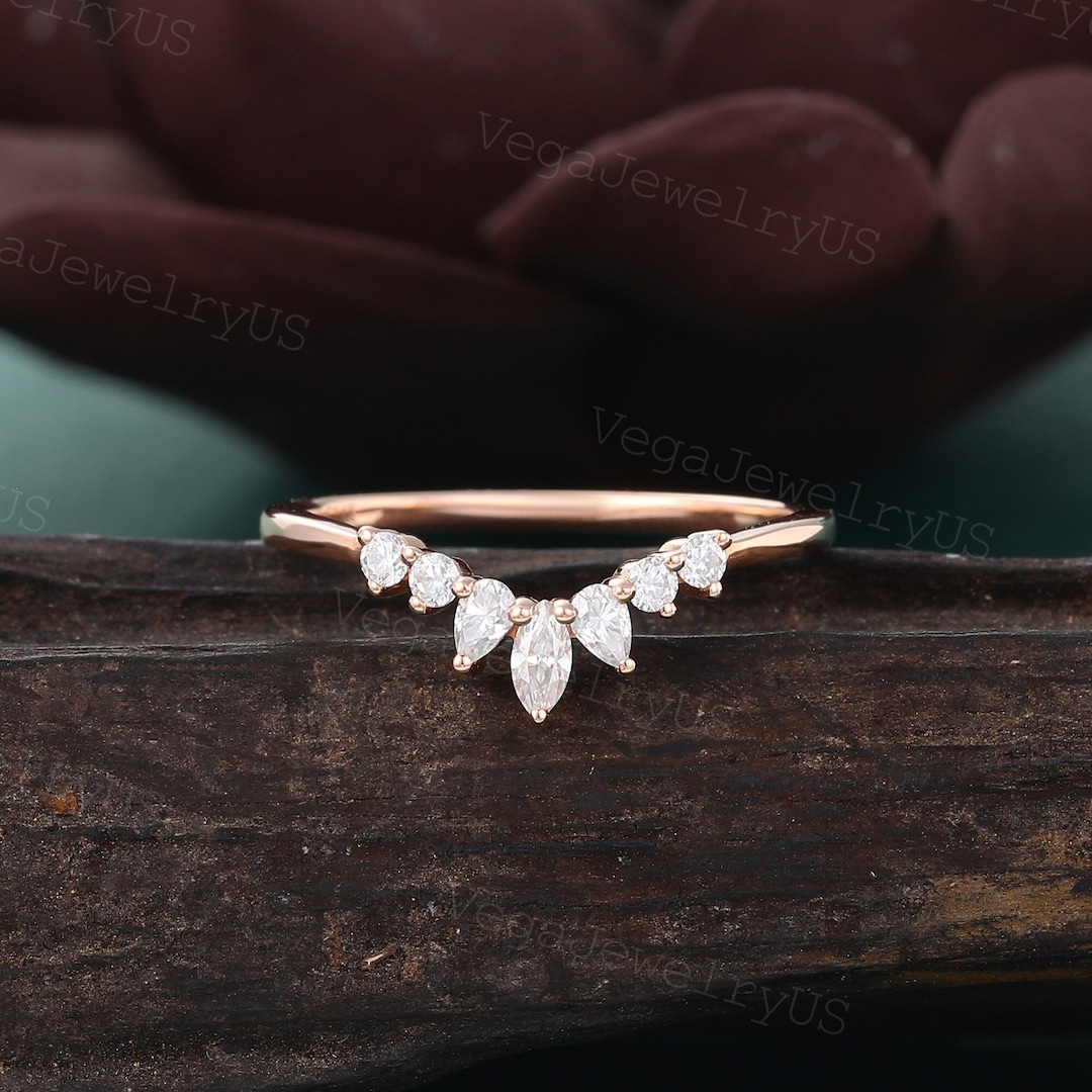 Marquise Cut Moissanite Curved Wedding Band Vintage Rose Gold Wedding ...