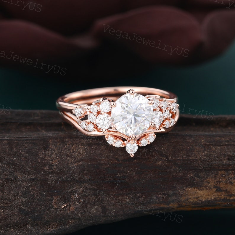 Vintage moissanite engagement ring set Unique rose gold engagement ring set Dainty diamond bridal set promise ring Anniversary gift image 4