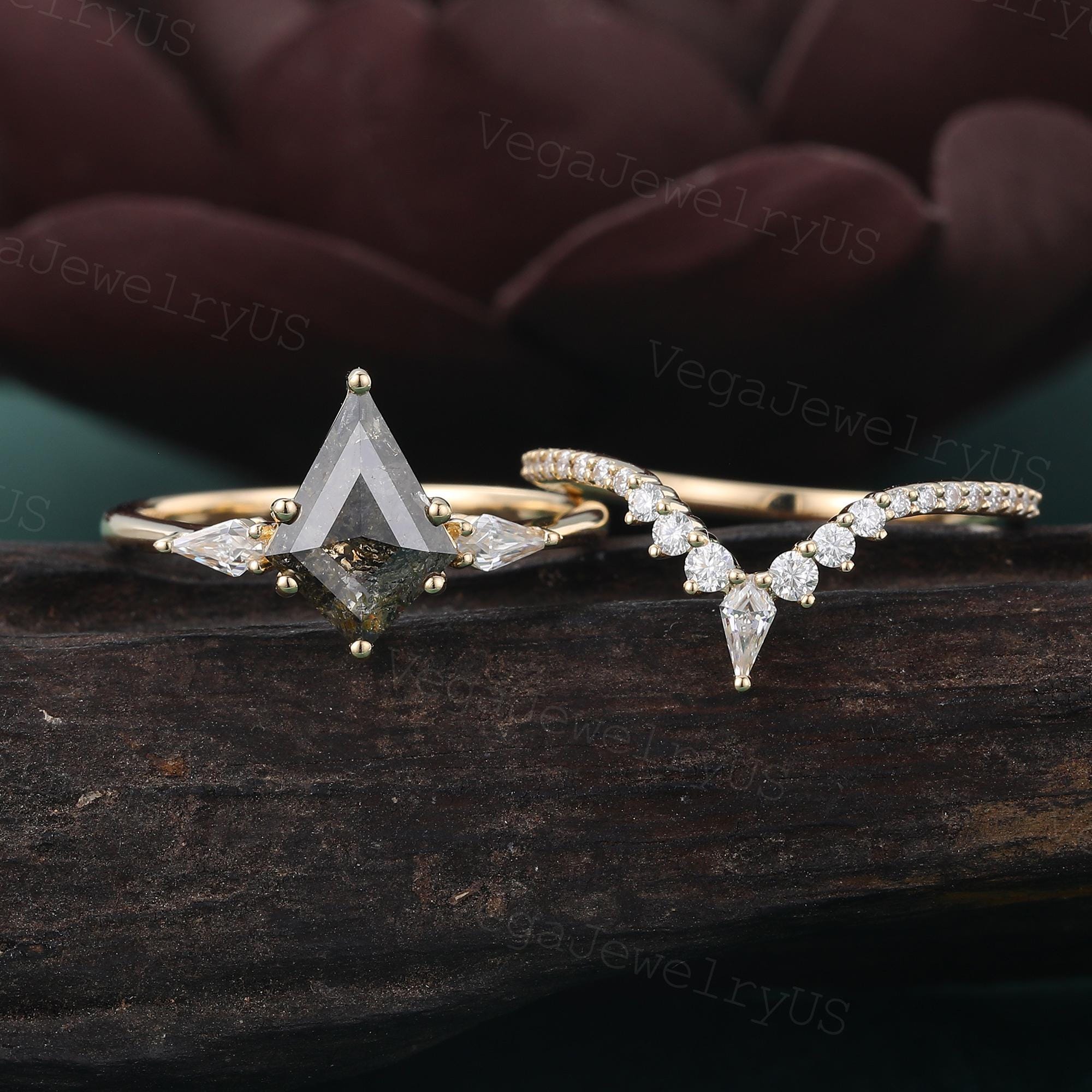 Drachenschliff Salz & Pfeffer Diamant Ringset Gelbgold Verlobungsring Set Art Deco Diamant Brautset Zarter Versprechensring Jubiläumsgeschenk