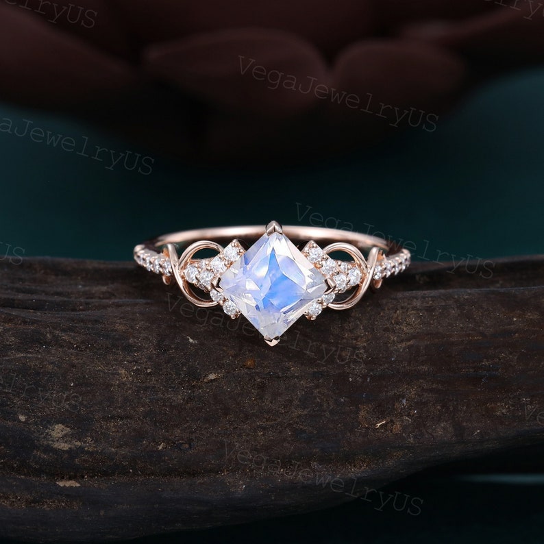 Princess Cut Moonstone Engagement Ring Unique Rose Gold - Etsy