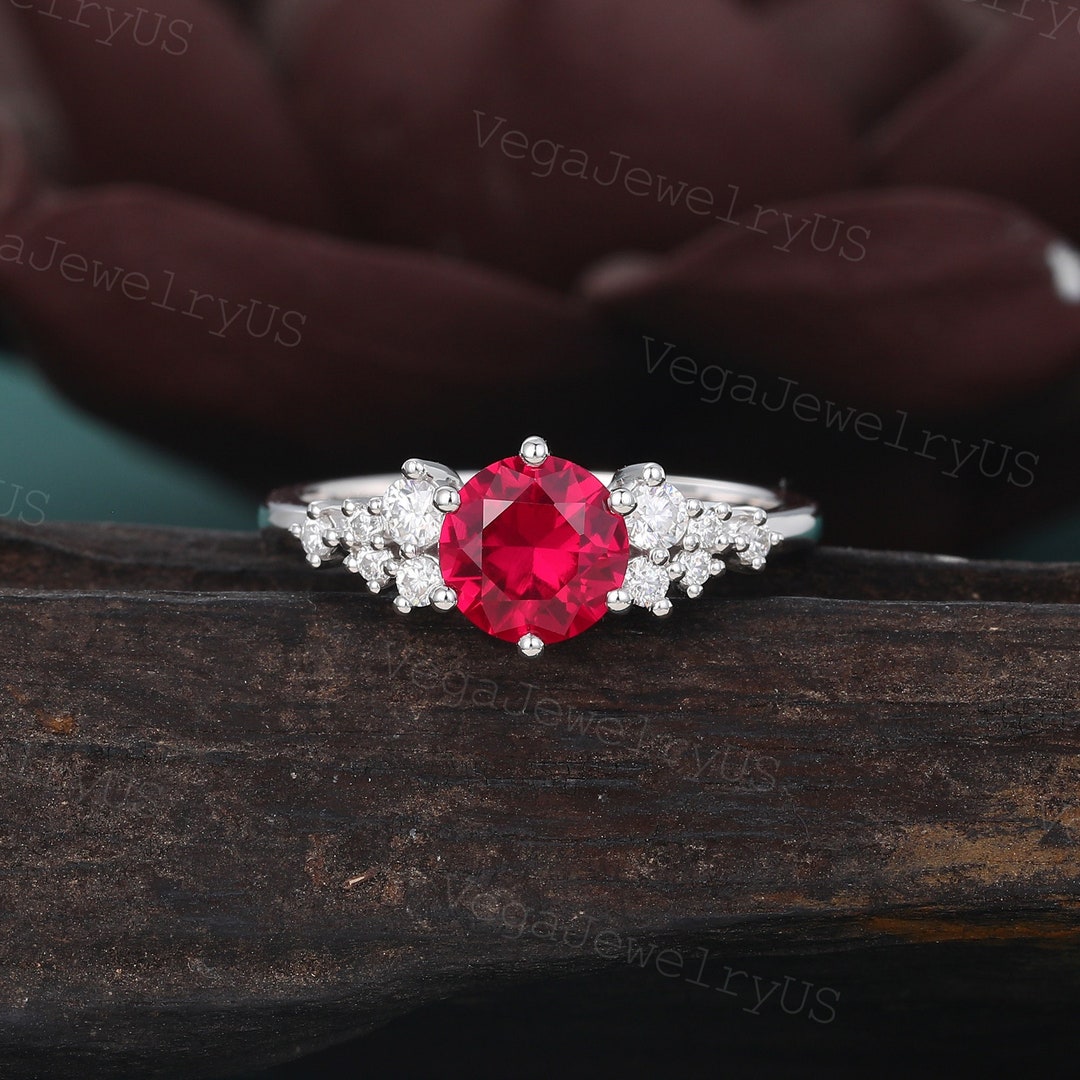 Round Cut Vintage Lab Ruby Engagement Ring Unique White Gold Moissanite ...