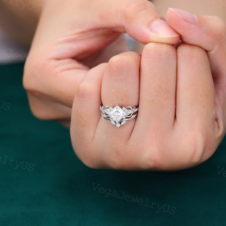 Princess cut moissanite ring set Unique white gold engagement ring set Dainty diamond bridal set Twist promise ring Antique marriage ring image 5