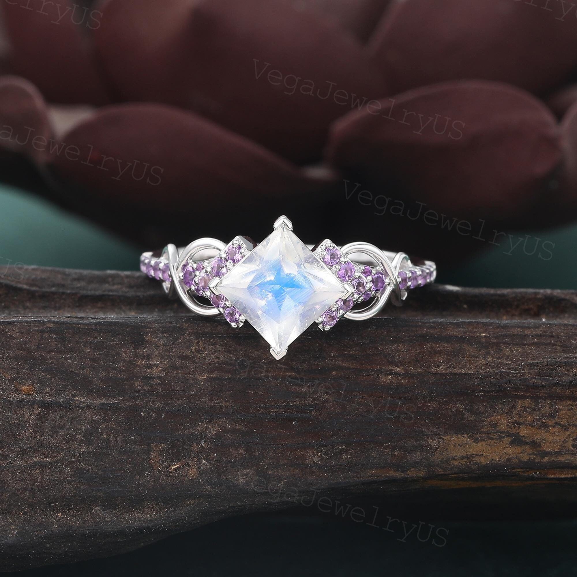 Princess Cut Moonstone Engagement Ring Unique White Gold Amethyst