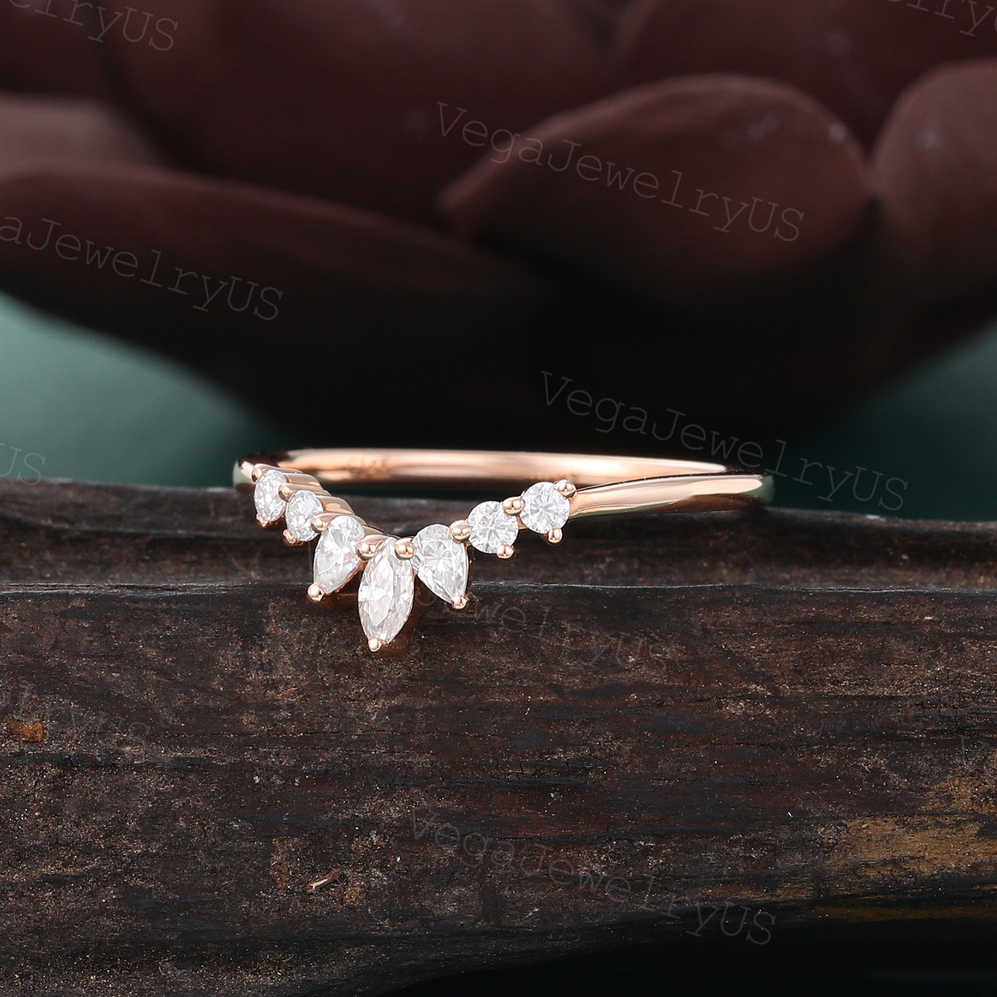Marquise Cut Moissanite Curved Wedding Band Vintage Rose Gold Wedding ...