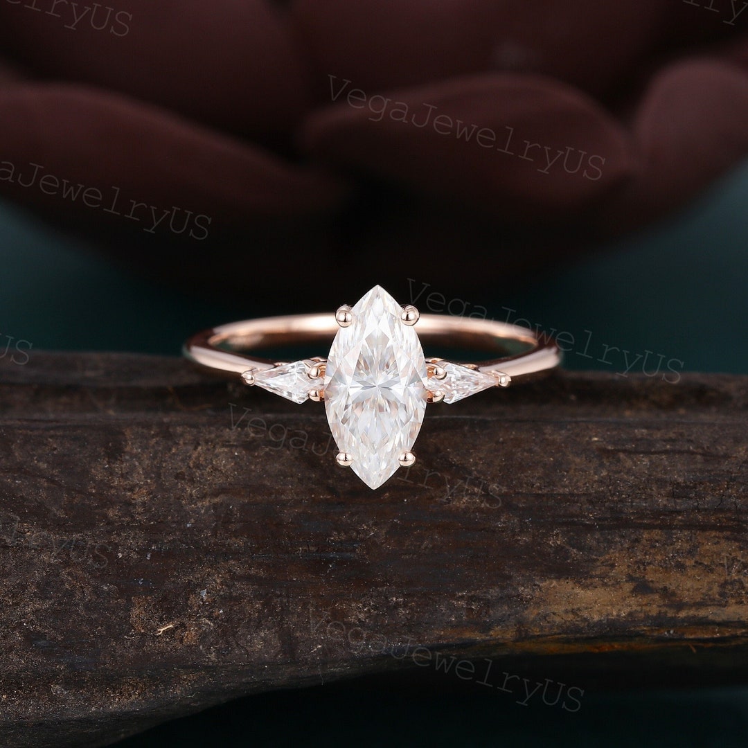 Marquise Cut Moissanite Engagement Ring Vintage Rose Gold Engagement ...