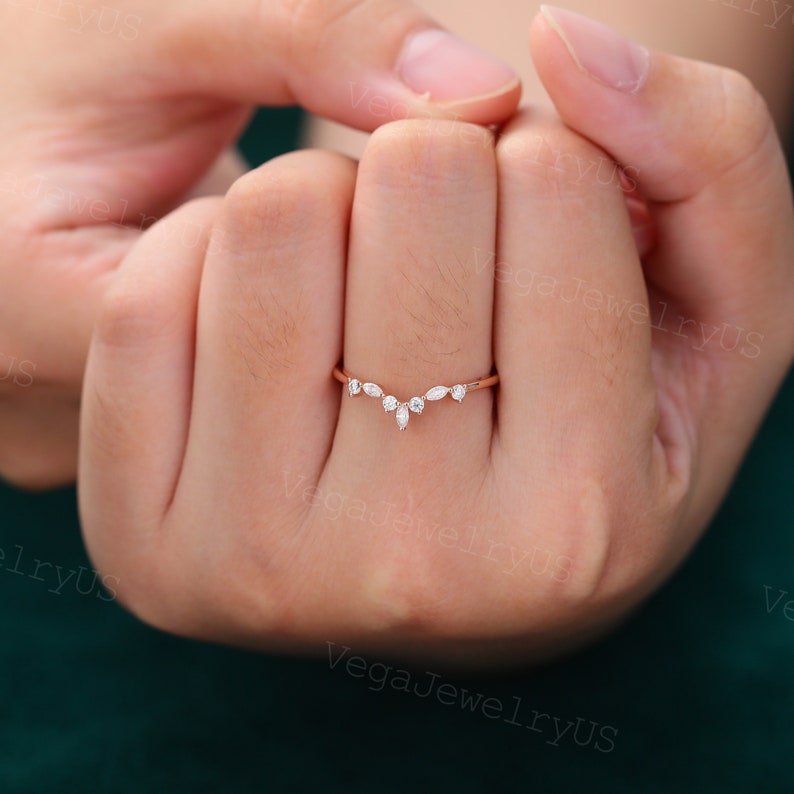 Marquise Cut Moissanite Curved Wedding Band Vintage Rose Gold Wedding ...