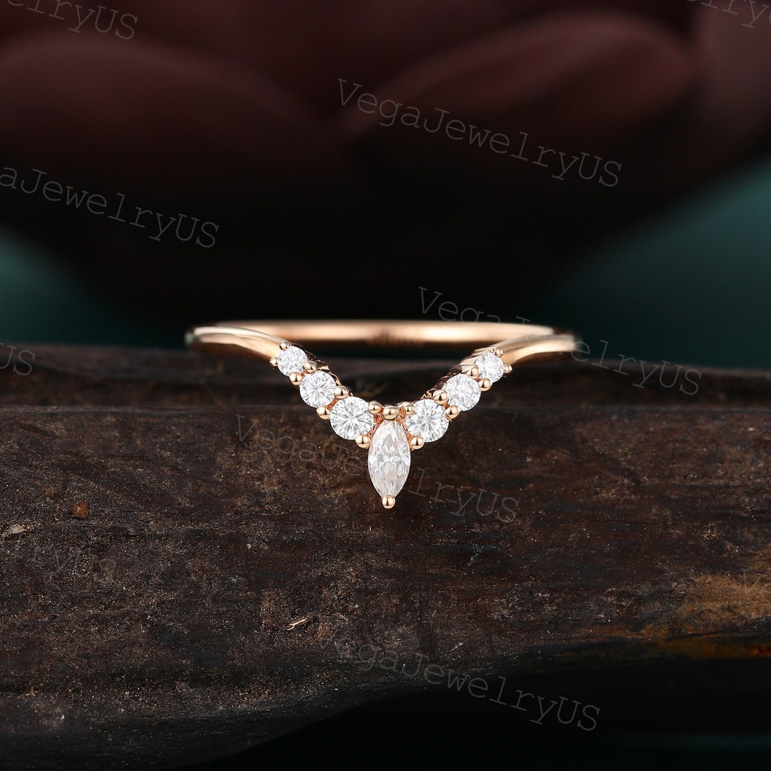 Unique Curved Wedding Band Rose Gold Marquise Moissanite Wedding Band ...