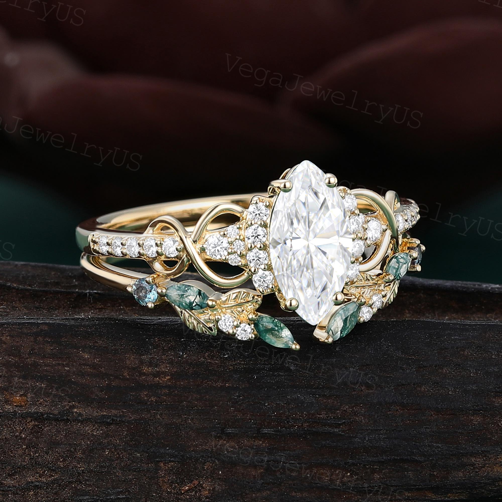 Marquise Cut Moissanite Engagement Ring Set Unique Yellow Gold Art Deco ...