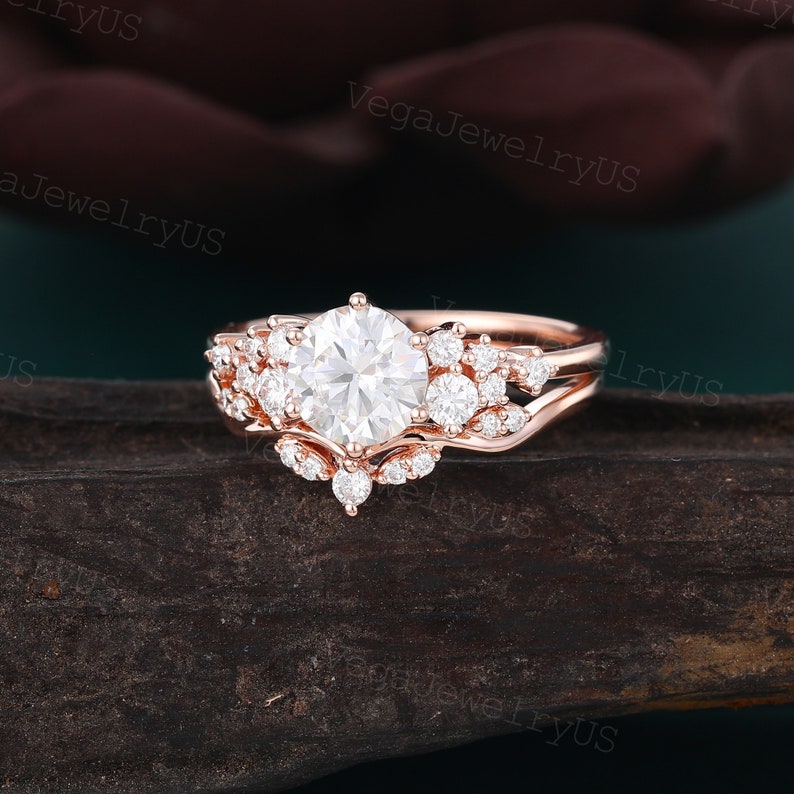 Vintage moissanite engagement ring set Unique rose gold engagement ring set Dainty diamond bridal set promise ring Anniversary gift image 3