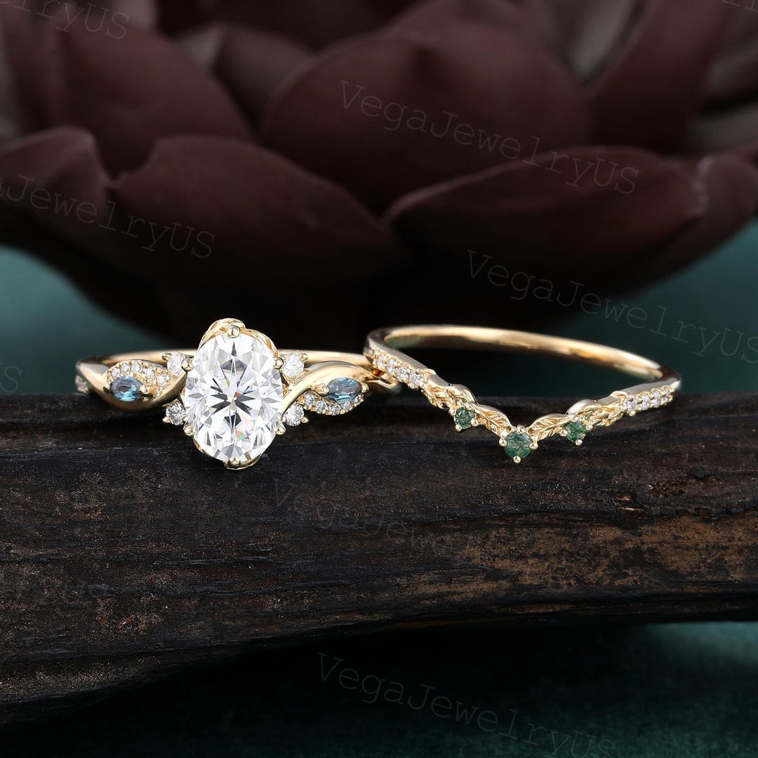 Oval Cut Moissanite Engagement Ring Set Unique Yellow Gold Marquise ...