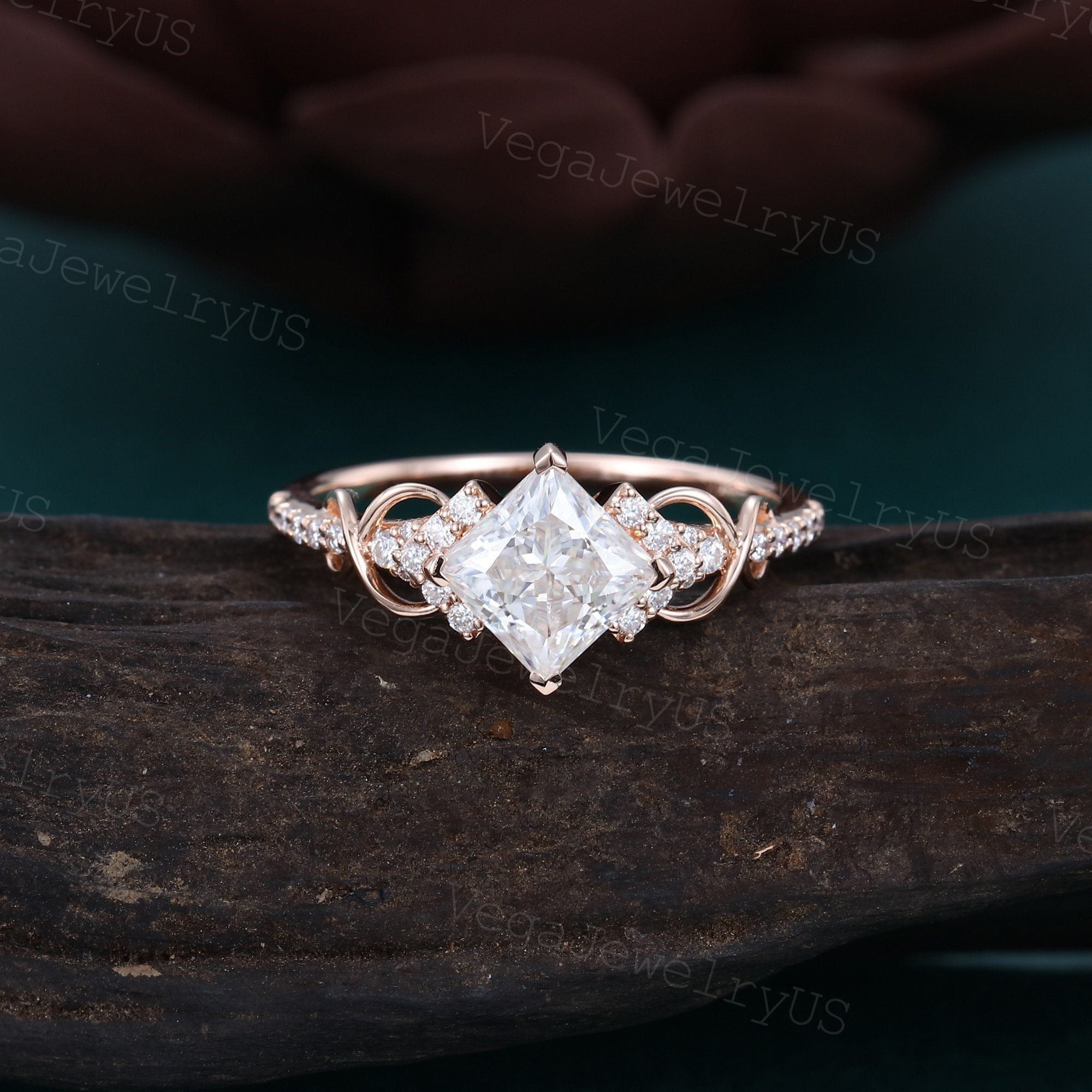 Princess cut Moissanite engagement ring Unique rose gold engagement ring dainty diamond bridal ring Twist ring promise ring anniversary gift
