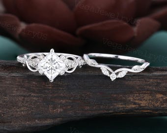Princess cut moissanite ring set Unique white gold engagement ring set Dainty diamond bridal set Twist promise ring Antique marriage ring