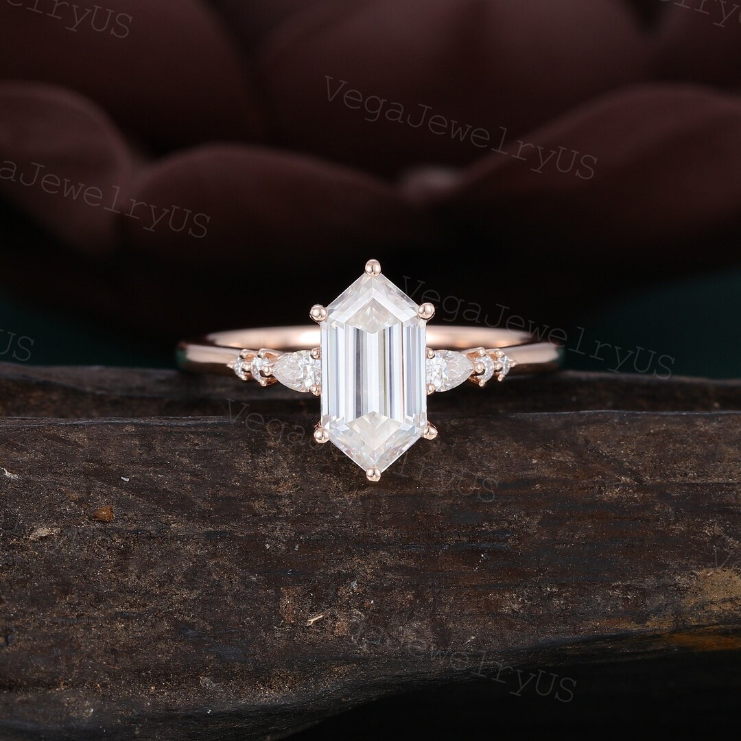 Long Hexagon Moissanite Engagement Ring Vintage Rose Gold Engagement