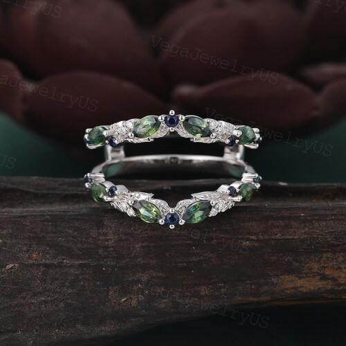 Marquise cut Green Blue Sapphire Curved Enhancer Double wedding band Unique White gold Natural Sapphire wedding band Matching stackable Ring