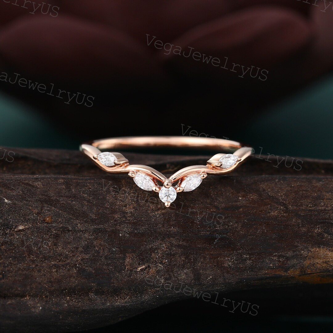 Curved Wedding Band Rose Gold Marquise Moissanite Wedding Ring Art Deco ...