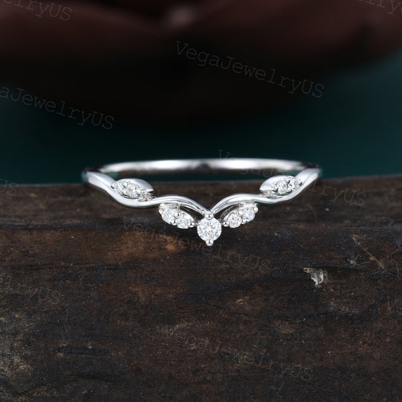 Vintage curved wedding band Unique white gold moissanite ring Art deco diamond ring Matching stackable ring Dainty bridal ring Promise gift