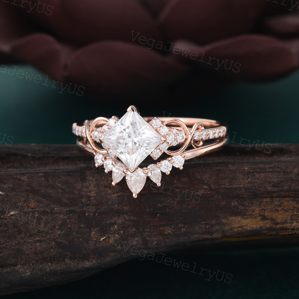 Princess Cut Moissanite Engagement Ring Set Unique Gift for - Etsy