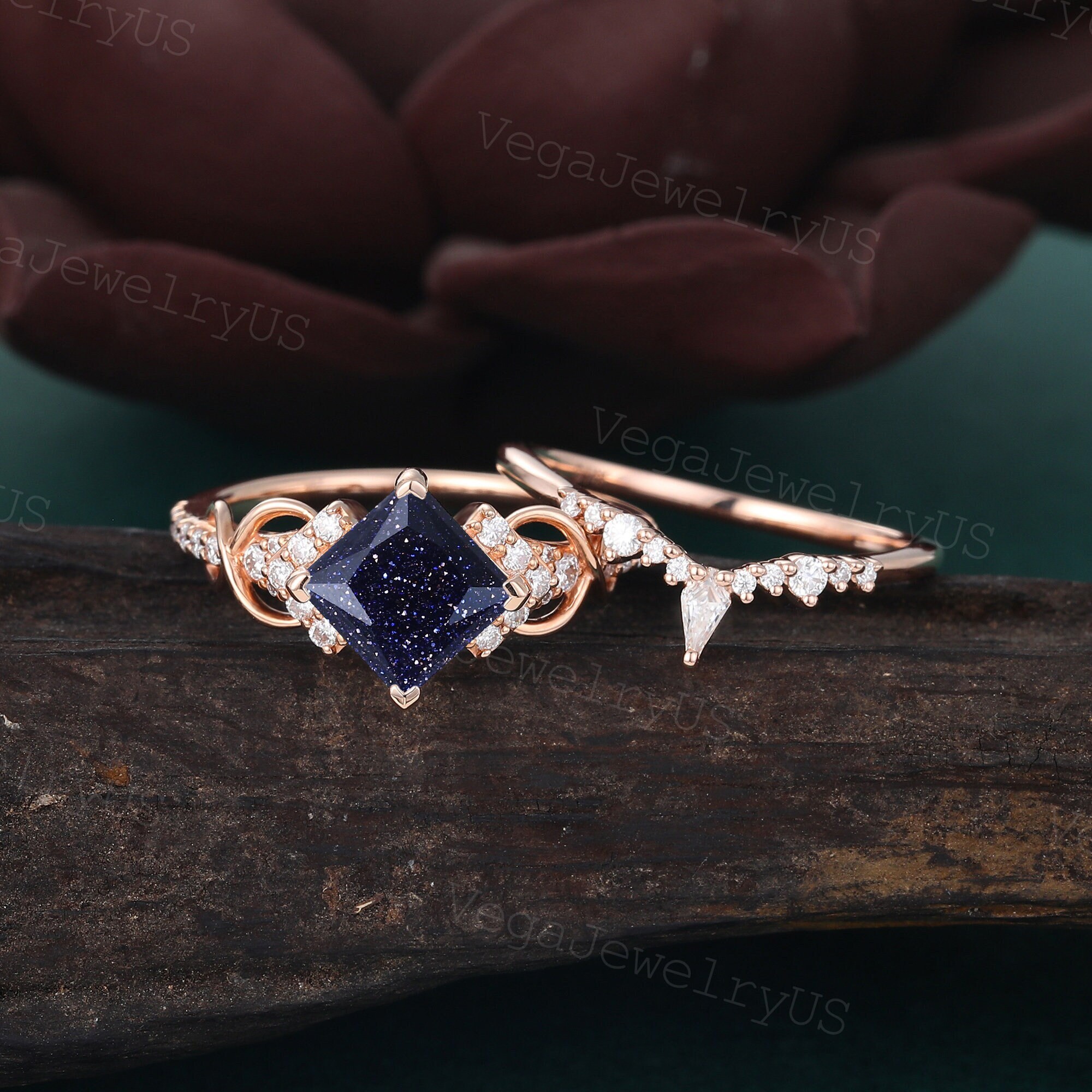 Princess Cut Blue Sandstone Engagement Ring Set Unique Rose Gold