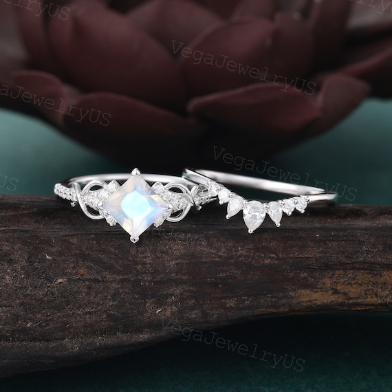 Buy Princess Cut Moonstone Engagement Ring Set Dainty White Gold
