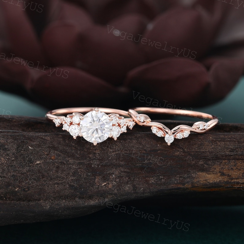 Vintage moissanite engagement ring set Unique rose gold engagement ring set Dainty diamond bridal set promise ring Anniversary gift image 1