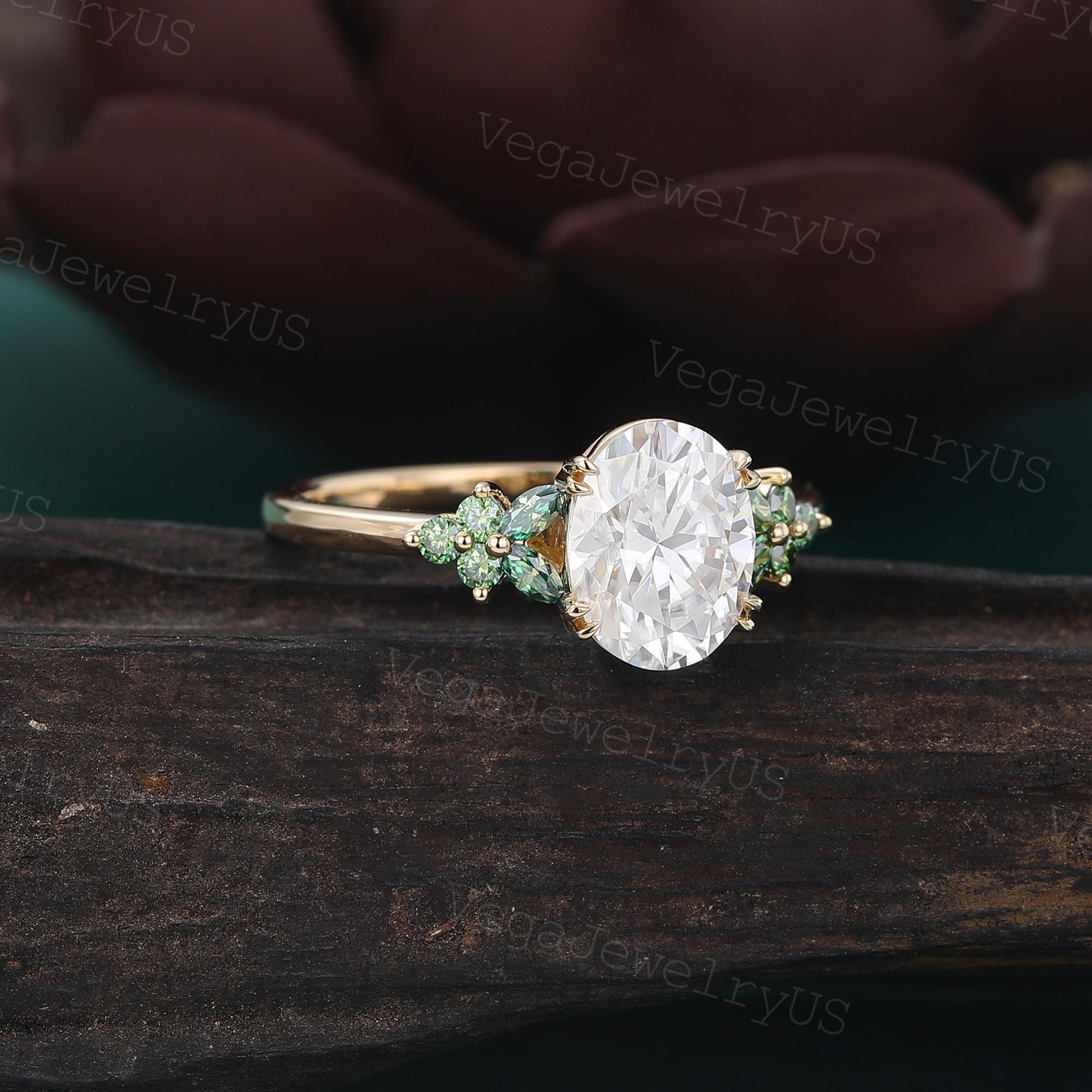 Oval Cut Moissanite Engagement Ring Unique Yellow Gold Art Deco Green ...