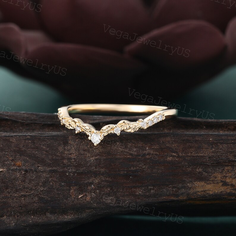 Unique Moissanite Curved Wedding Band Yellow Gold Wedding Band Art Deco ...