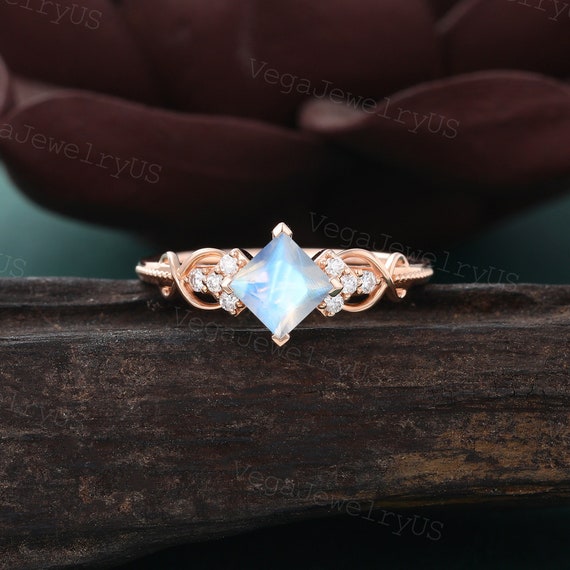 Princess Cut Moonstone Engagement Ring 14/18K Rose Gold Moissanite