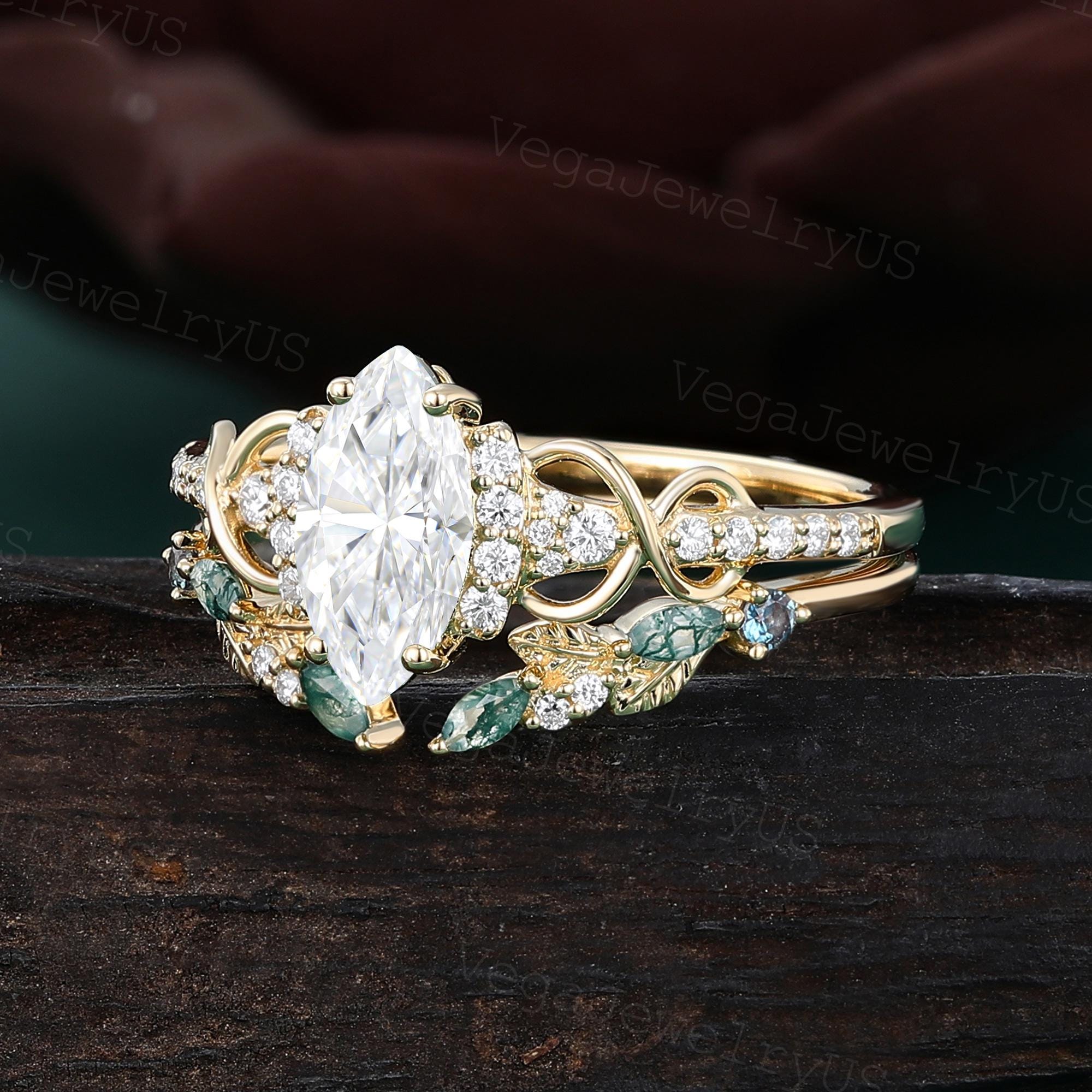 Marquise Cut Moissanite Engagement Ring Set Unique Yellow Gold Art Deco ...