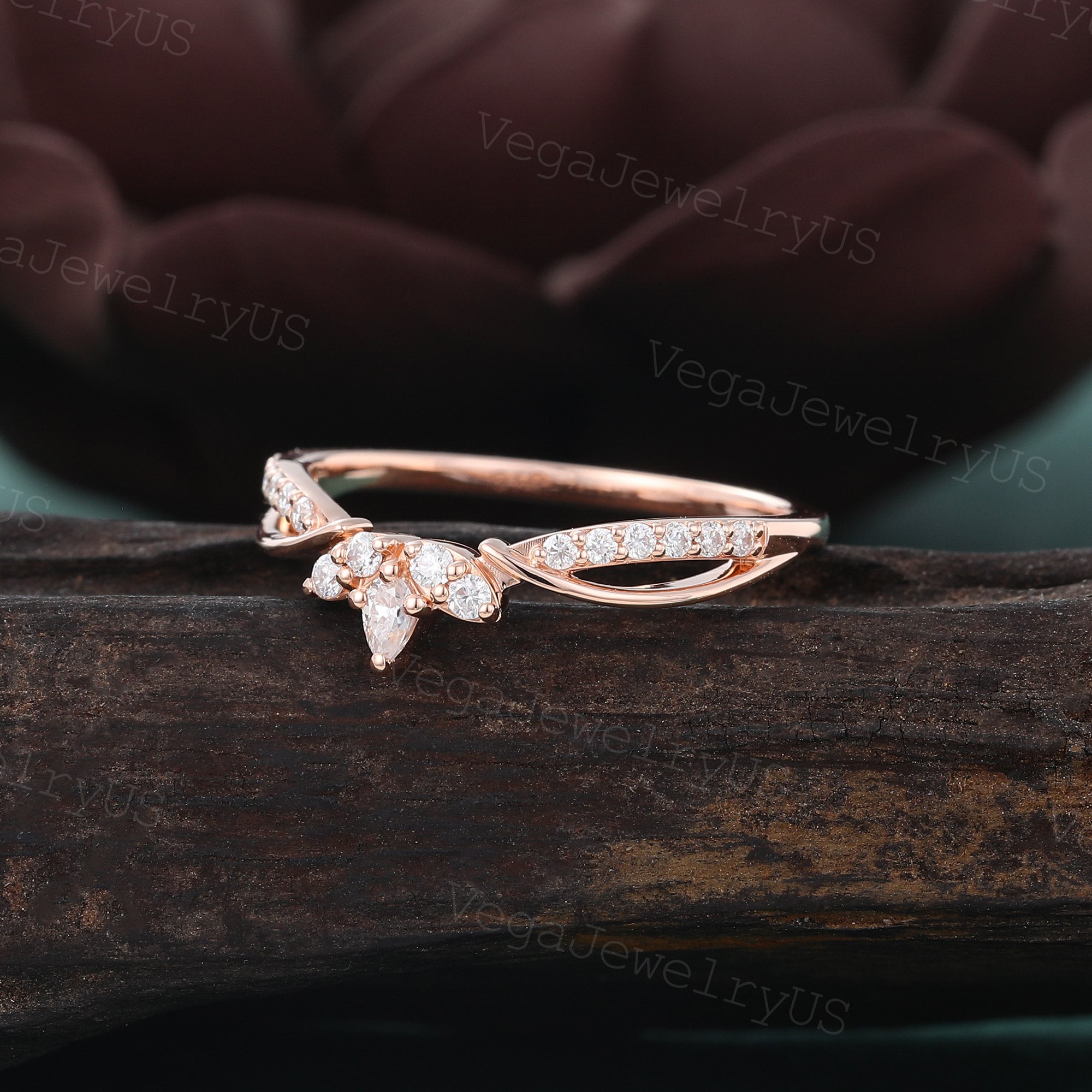 Vintage Curved Wedding Band Unique Rose Gold Moissanite Ring Art Deco ...