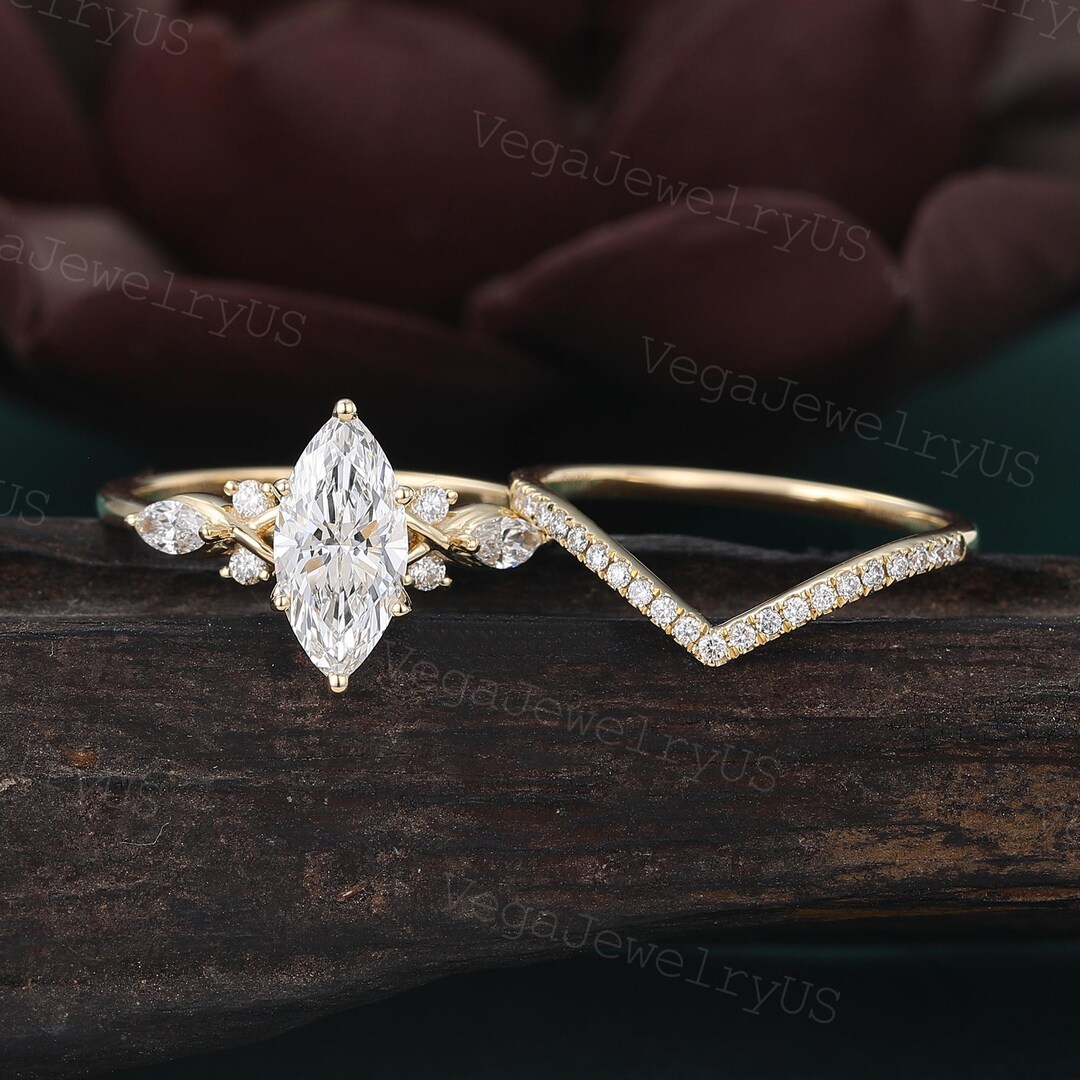 Marquise Cut Lab Grown Diamond Engagement Ring Set Unique Yellow Gold ...