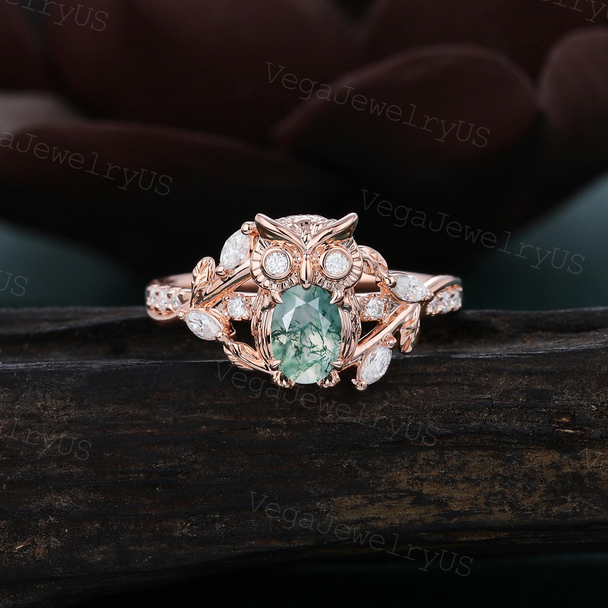 Owl Engagement ring Vintage Rose gold Art Deco Twig Vine Oval Moss Agate Wedding Ring Unique Antique