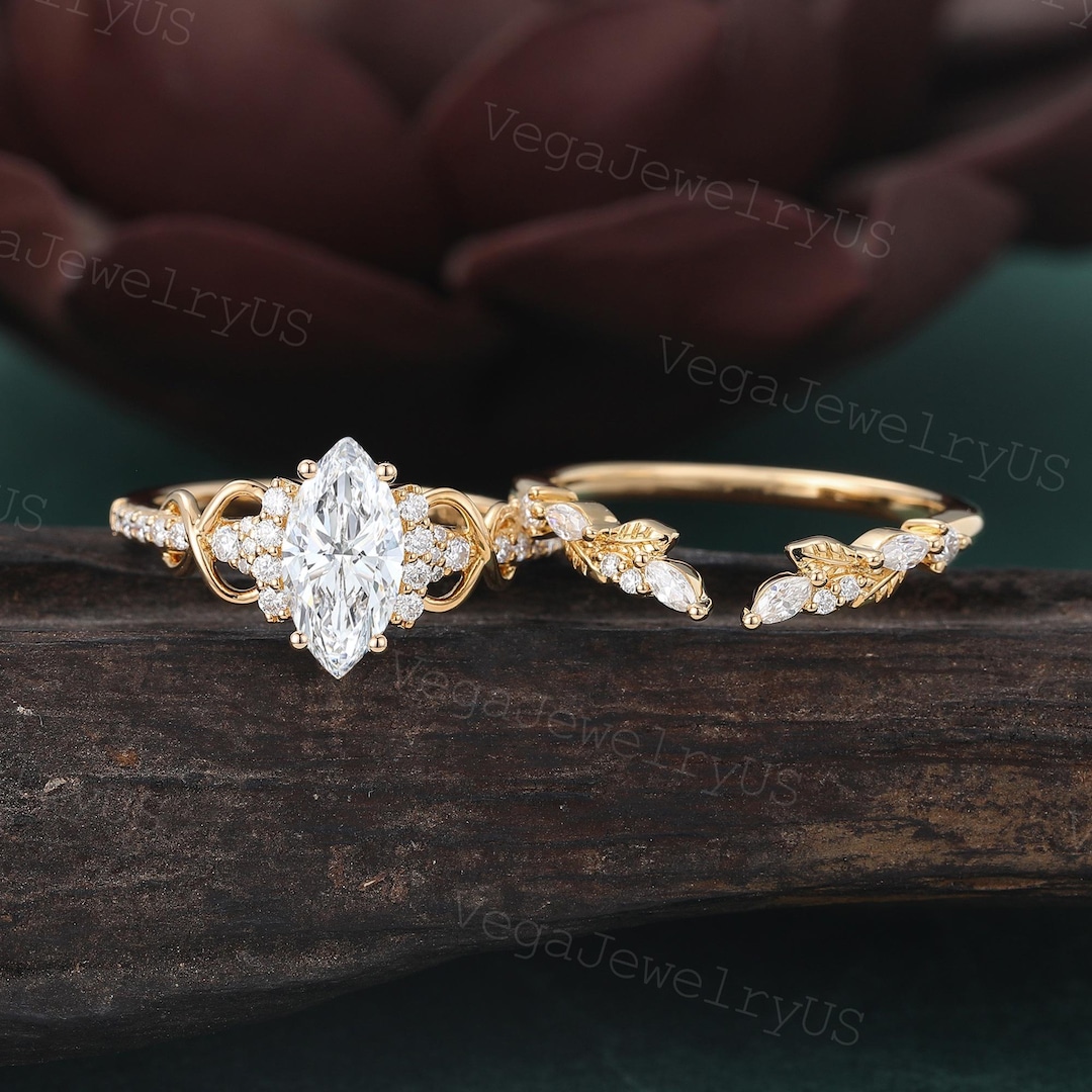 1CT Marquise Cut Lab Grown Diamond Engagement Ring Set Unique Yellow ...
