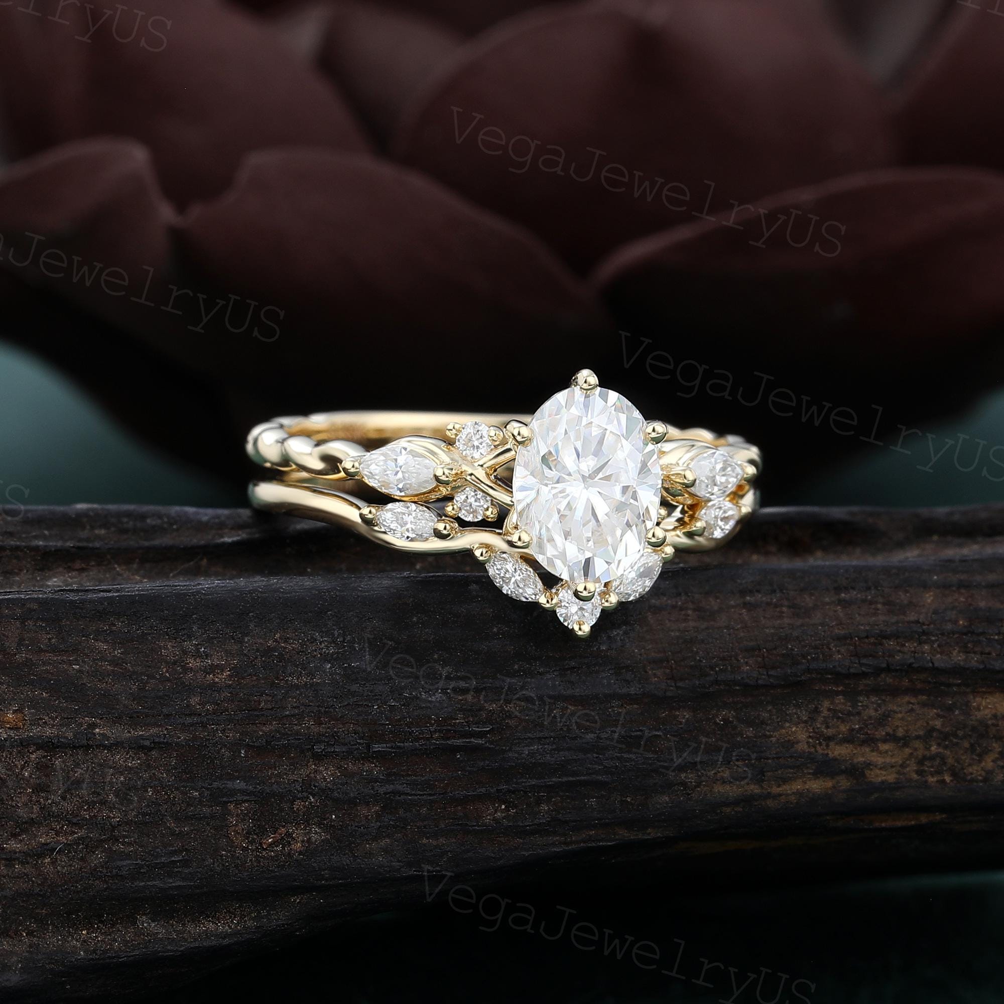 Oval Cut Moissanite Engagement Ring Set Unique Yellow Gold Marquise 3/4 ...