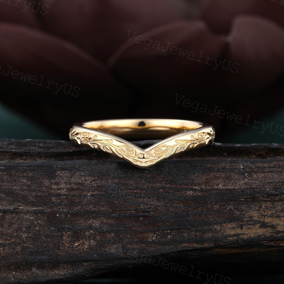 Filigree Vintage Yellow Gold Curved Wedding Band Milgrain Carved Solid ...