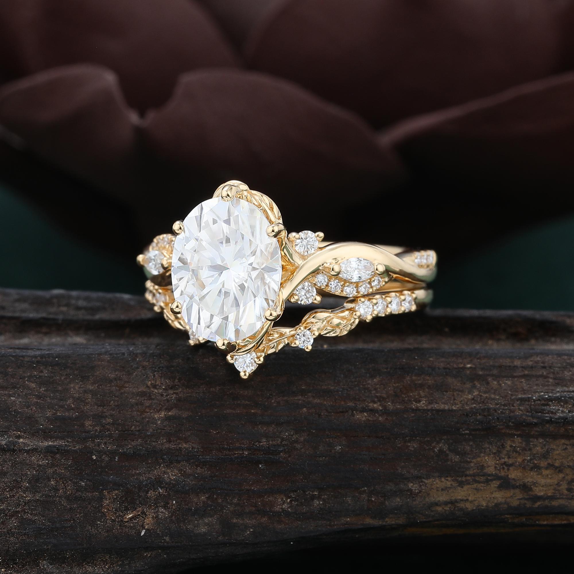 Oval Cut Moissanite Engagement Ring Set Unique Yellow Gold Infinity ...