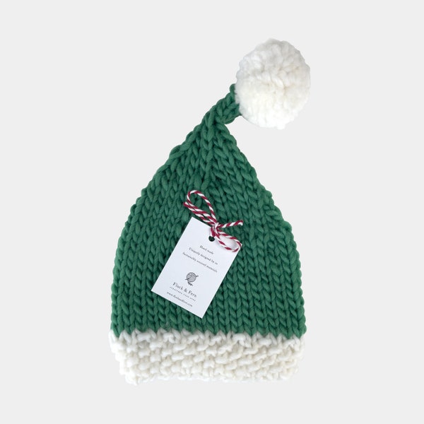 Groene kerstmuts, handgebreid, 100% pure merinowol, handgemaakt feestelijk, kerstcadeau-idee, maten van pasgeboren tot volwassene, super dik garen, elf