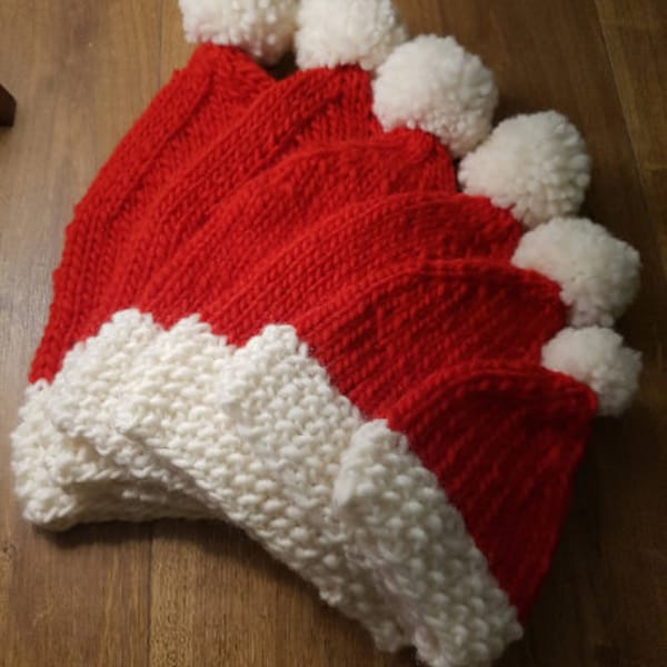 Santa Hat, Hand Knitted, 100% Pure Wool, Handmade Festive Hat, Christmas Gift Idea, Sizes from Newborn to Adult, Super Chunky Yarn, Holidays