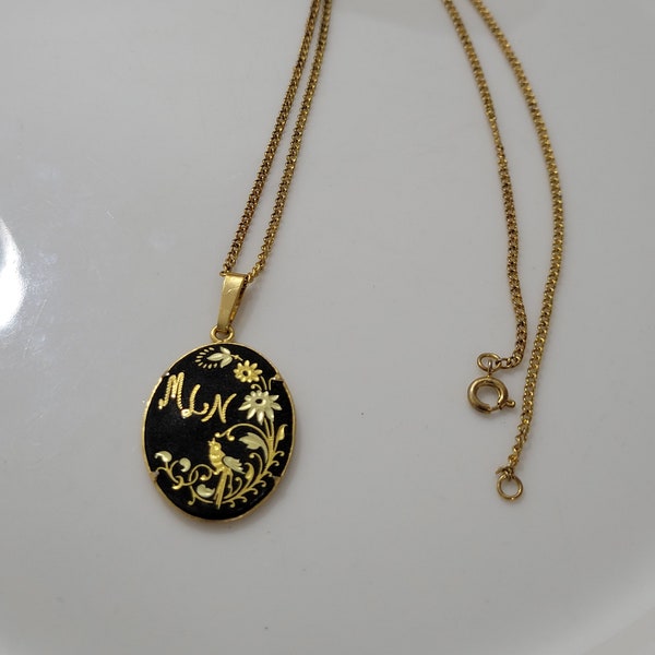 Damascene Necklace Monogram MLN with lovely Bird and Flowers Etched in Gold Foil Vintage Art from Spain